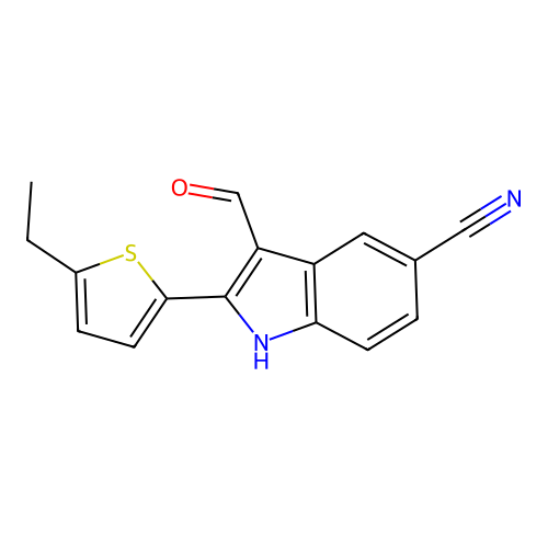 2-(5-ethylthiophen-2-yl)-3-formyl-1H-indole-5-carbonitrile structure