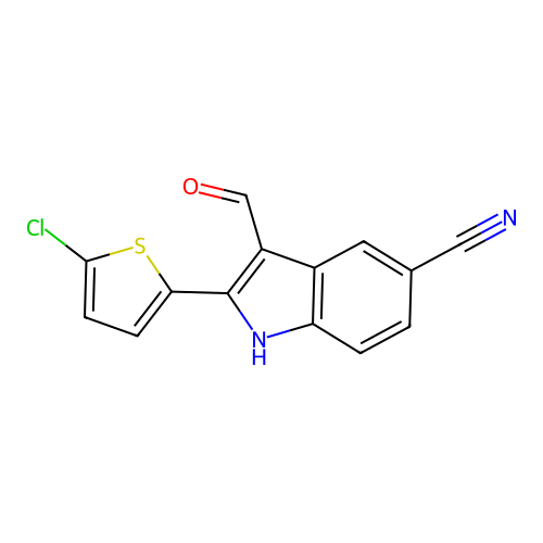 2-(5-chlorothiophen-2-yl)-3-formyl-1H-indole-5-carbonitrile structure