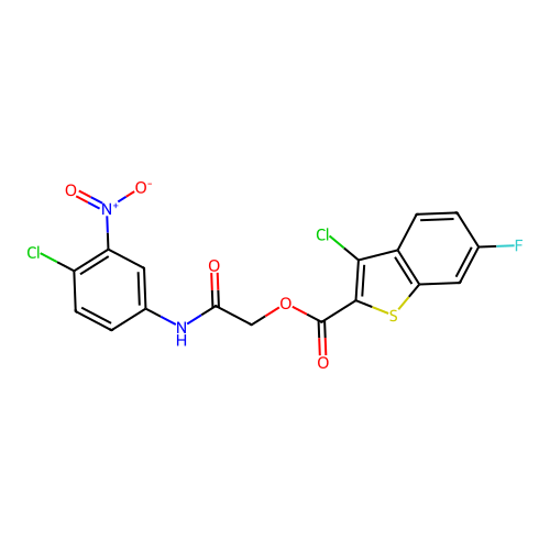 (4-chloro-3-nitro-phenyl)carbamoylmethyl 3-chloro-6-fluoro-benzothiophene-2-carboxylate structure