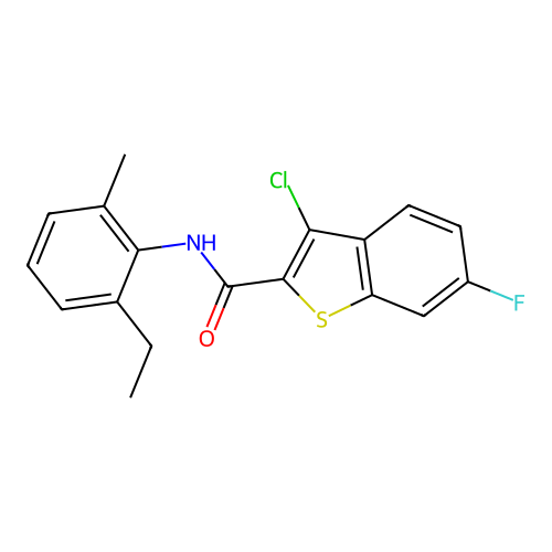 3-chloro-N-(2-ethyl-6-methylphenyl)-6-fluoro-1-benzothiophene-2-carboxamide structure