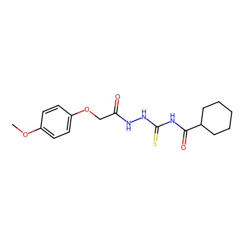N-({2-[(4-methoxyphenoxy)acetyl]hydrazino}carbothioyl)cyclohexanecarboxamide structure