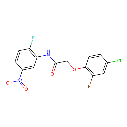 2-(2-bromo-4-chlorophenoxy)-N-(2-fluoro-5-nitrophenyl)acetamide structure