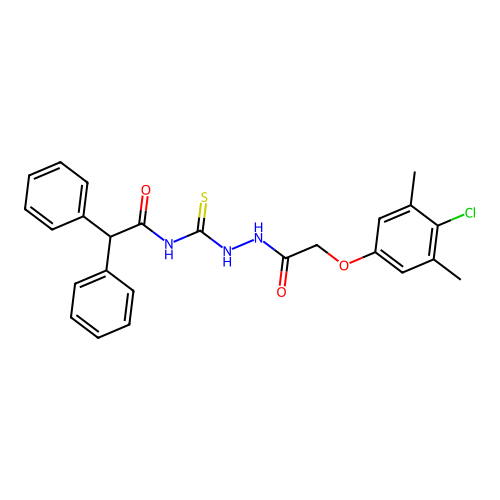 N-({2-[(4-chloro-3,5-dimethylphenoxy)acetyl]hydrazino}carbonothioyl)-2,2-diphenylacetamide structure