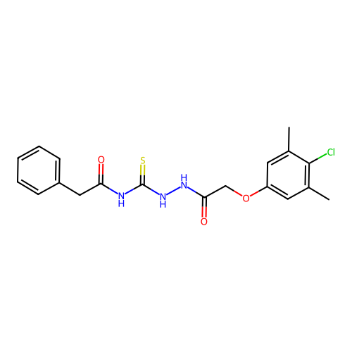 N-({2-[(4-chloro-3,5-dimethylphenoxy)acetyl]hydrazino}carbonothioyl)-2-phenylacetamide structure