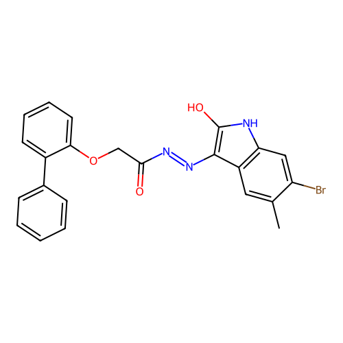 2-(2-biphenylyloxy)-N'-(6-bromo-5-methyl-2-oxo-1,2-dihydro-3H-indol-3-ylidene)acetohydrazide structure