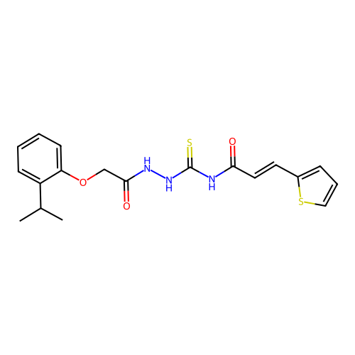 N-({2-[(2-isopropylphenoxy)acetyl]hydrazino}carbonothioyl)-3-(2-thienyl)acrylamide structure