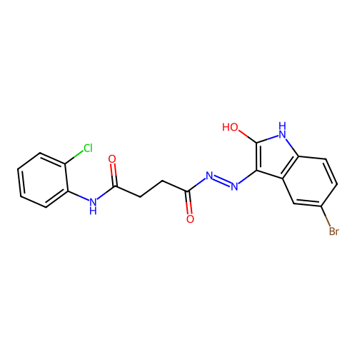 4-[(2E)-2-(5-bromo-2-oxo-1,2-dihydro-3H-indol-3-ylidene)hydrazinyl]-N-(2-chlorophenyl)-4-oxobutanamide structure