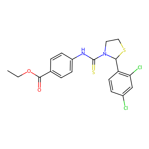 ethyl 4-({[2-(2,4-dichlorophenyl)-1,3-thiazolidin-3-yl]carbonothioyl}amino)benzoate structure