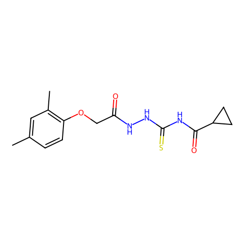 N-({2-[(2,4-dimethylphenoxy)acetyl]hydrazino}carbothioyl)cyclopropanecarboxamide structure