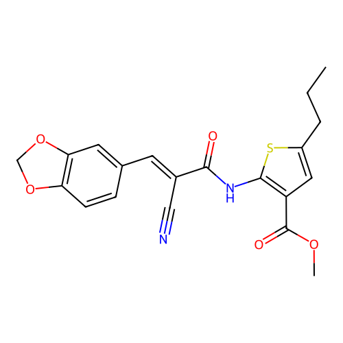 (E)-methyl 2-(3-(benzo[d][1,3]dioxol-5-yl)-2-cyanoacrylamido)-5-propylthiophene-3-carboxylate structure