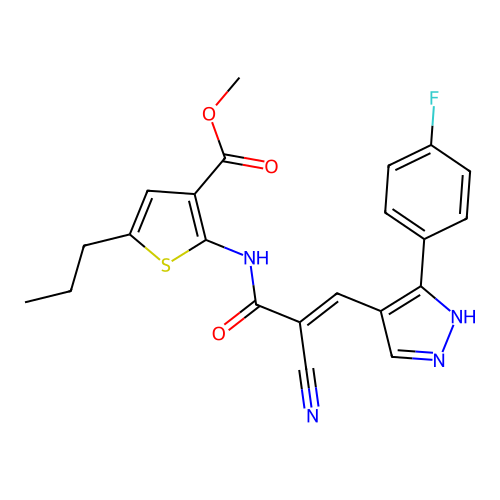 (E)-methyl 2-(2-cyano-3-(3-(4-fluorophenyl)-1H-pyrazol-4-yl)acrylamido)-5-propylthiophene-3-carboxylate structure