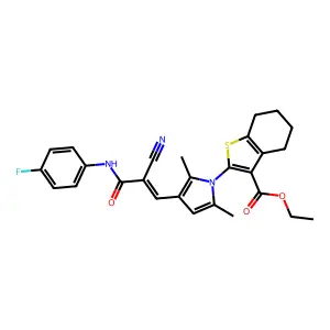 ethyl 2-(3-{(1E)-2-cyano-3-[(4-fluorophenyl)amino]-3-oxoprop-1-en-1-yl}-2,5-dimethyl-1H-pyrrol-1-yl)-4,5,6,7-tetrahydro-1-benzothiophene-3-carboxylate structure