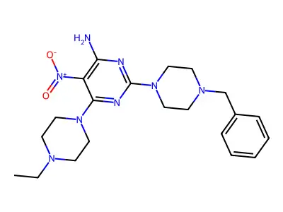 2-(4-Benzylpiperazin-1-yl)-6-(4-ethylpiperazin-1-yl)-5-nitropyrimidin-4-amine structure
