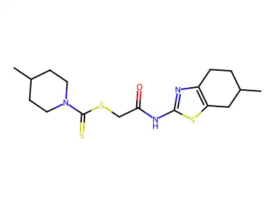 2-[(6-methyl-4,5,6,7-tetrahydro-1,3-benzothiazol-2-yl)amino]-2-oxoethyl 4-methylpiperidine-1-carbodithioate structure