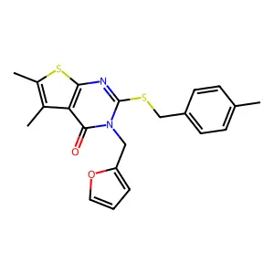 3-(furan-2-ylmethyl)-5,6-dimethyl-2-[(4-methylphenyl)methylsulfanyl]thieno[2,3-d]pyrimidin-4-one structure