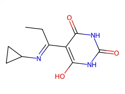 (5E)-5-[1-(cyclopropylamino)propylidene]-2,6-dihydroxypyrimidin-4(5H)-one structure