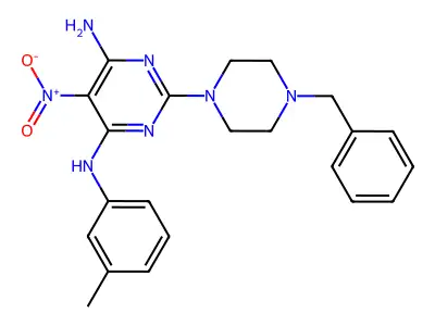 2-(4-benzylpiperazin-1-yl)-5-nitro-N4-(m-tolyl)pyrimidine-4,6-diamine structure