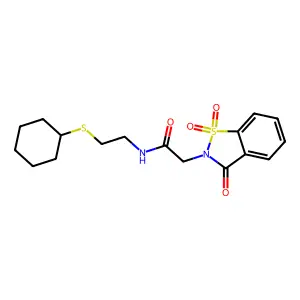 N-(2-cyclohexylsulfanylethyl)-2-(1,1,3-trioxo-1,2-benzothiazol-2-yl)acetamide structure