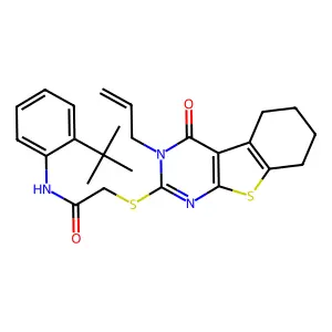 N-[2-(tert-butyl)phenyl]-2-(4-oxo-3-prop-2-enyl(3,5,6,7,8-pentahydrobenzo[b]th iopheno[2,3-d]pyrimidin-2-ylthio))acetamide structure