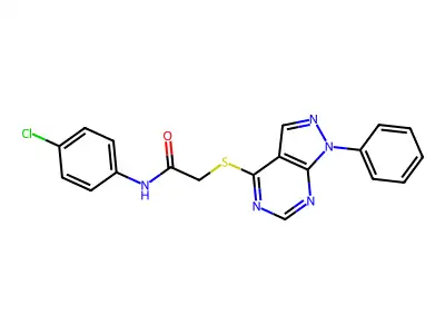 N-(4-chlorophenyl)-2-((1-phenyl-1H-pyrazolo[3,4-d]pyrimidin-4-yl)thio)acetamide structure