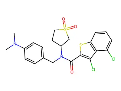 3,4-dichloro-N-[(4-dimethylaminophenyl)methyl]-N-(1,1-dioxothiolan-3-yl)-1-benzothiophene-2-carboxamide structure