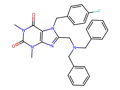 8-[(dibenzylamino)methyl]-7-(4-fluorobenzyl)-1,3-dimethyl-3,7-dihydro-1H-purine-2,6-dione structure