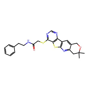 2-((8,8-dimethyl-8,10-dihydro-7H-pyrano[3'',4'':5',6']pyrido[3',2':4,5]thieno[3,2-d]pyrimidin-4-yl)thio)-N-phenethylacetamide structure