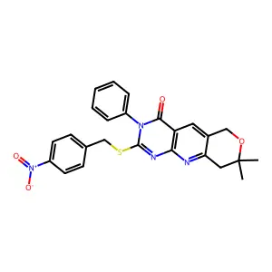 8,8-dimethyl-2-((4-nitrobenzyl)thio)-3-phenyl-8,9-dihydro-3H-pyrano[3',4':5,6]pyrido[2,3-d]pyrimidin-4(6H)-one structure
