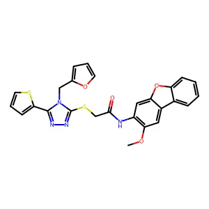 2-[[4-(furan-2-ylmethyl)-5-thiophen-2-yl-1,2,4-triazol-3-yl]sulfanyl]-N-(2-methoxydibenzofuran-3-yl)acetamide structure