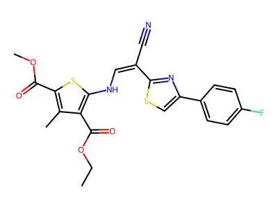 (Z)-4-ethyl 2-methyl 5-((2-cyano-2-(4-(4-fluorophenyl)thiazol-2-yl)vinyl)amino)-3-methylthiophene-2,4-dicarboxylate structure