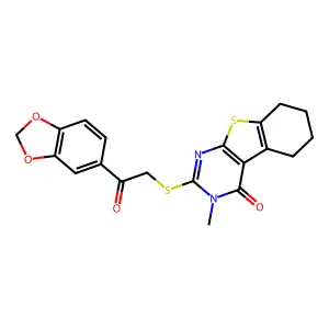 2-{[2-(1,3-benzodioxol-5-yl)-2-oxoethyl]sulfanyl}-3-methyl-5,6,7,8-tetrahydro[1]benzothieno[2,3-d]pyrimidin-4(3H)-one structure
