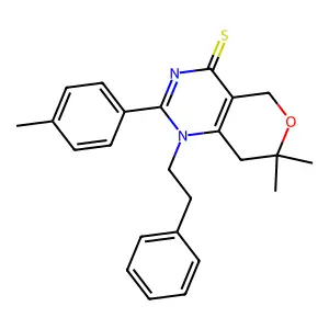 7,7-dimethyl-1-phenethyl-2-(p-tolyl)-7,8-dihydro-1H-pyrano[4,3-d]pyrimidine-4(5H)-thione structure