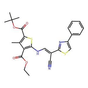 (Z)-2-tert-butyl 4-ethyl 5-((2-cyano-2-(4-phenylthiazol-2-yl)vinyl)amino)-3-methylthiophene-2,4-dicarboxylate structure