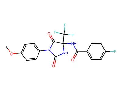 4-fluoro-N-[1-(4-methoxyphenyl)-2,5-dioxo-4-(trifluoromethyl)imidazolidin-4-yl]benzamide structure
