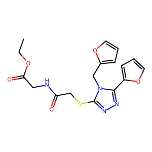 ethyl 2-{2-[5-(2-furyl)-4-(2-furylmethyl)-1,2,4-triazol-3-ylthio]acetylamino}a cetate structure