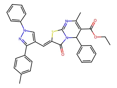 ETHYL (8Z)-4-METHYL-8-[[3-(4-METHYLPHENYL)-1-PHENYL-PYRAZOL-4-YL]METHYLIDENE]-9-OXO-2-PHENYL-7-THIA-1,5-DIAZABICYCLO[4.3.0]NONA-3,5-DIENE-3-CARBOXYLATE structure