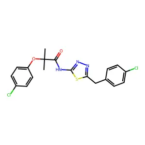 2-(4-chlorophenoxy)-N-[5-[(4-chlorophenyl)methyl]-1,3,4-thiadiazol-2-yl]-2-methylpropanamide structure