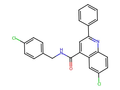 6-chloro-N-[(4-chlorophenyl)methyl]-2-phenylquinoline-4-carboxamide structure