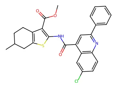 methyl 2-{[(6-chloro-2-phenylquinolin-4-yl)carbonyl]amino}-6-methyl-4,5,6,7-tetrahydro-1-benzothiophene-3-carboxylate structure