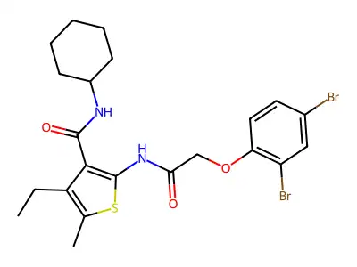 N-cyclohexyl-2-[[2-(2,4-dibromophenoxy)acetyl]amino]-4-ethyl-5-methylthiophene-3-carboxamide structure