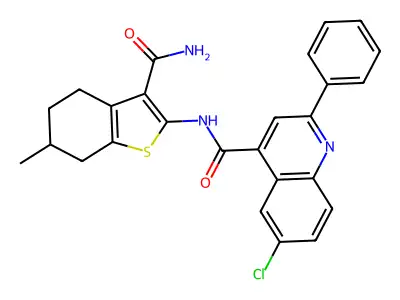 N-(3-carbamoyl-6-methyl-4,5,6,7-tetrahydro-1-benzothiophen-2-yl)-6-chloro-2-phenylquinoline-4-carboxamide structure