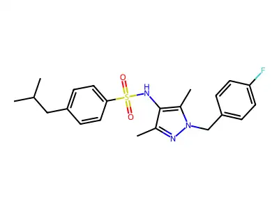 N-[1-[(4-fluorophenyl)methyl]-3,5-dimethylpyrazol-4-yl]-4-(2-methylpropyl)benzenesulfonamide structure