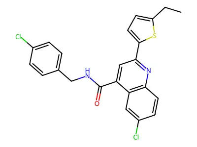 6-chloro-N-[(4-chlorophenyl)methyl]-2-(5-ethylthiophen-2-yl)quinoline-4-carboxamide structure