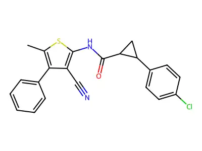 2-(4-chlorophenyl)-N-(3-cyano-5-methyl-4-phenylthiophen-2-yl)cyclopropane-1-carboxamide structure