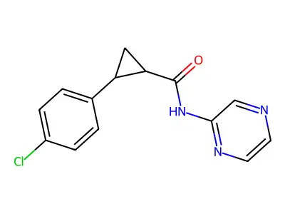 2-(4-chlorophenyl)-N-(pyrazin-2-yl)cyclopropanecarboxamide structure