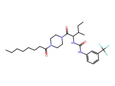 N-[3-Methyl-1-(4-octanoylpiperazin-1-yl)-1-oxopentan-2-yl]-N'-[3-(trifluoromethyl)phenyl]urea structure
