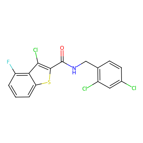 3-chloro-N-(2,4-dichlorobenzyl)-4-fluoro-1-benzothiophene-2-carboxamide structure