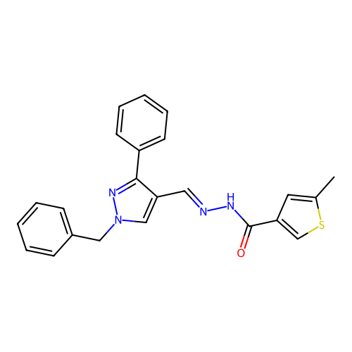 N'-[(E)-(1-benzyl-3-phenyl-1H-pyrazol-4-yl)methylidene]-5-methylthiophene-3-carbohydrazide structure