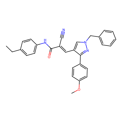 (E)-3-[1-benzyl-3-(4-methoxyphenyl)pyrazol-4-yl]-2-cyano-N-(4-ethylphenyl)prop-2-enamide structure