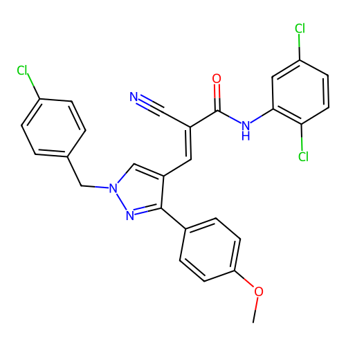 (E)-3-[1-[(4-chlorophenyl)methyl]-3-(4-methoxyphenyl)pyrazol-4-yl]-2-cyano-N-(2,5-dichlorophenyl)prop-2-enamide structure